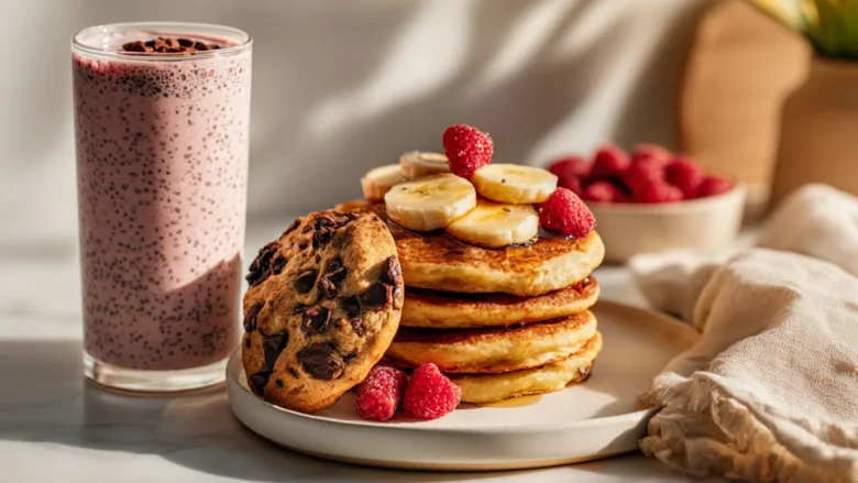 Close-up photo of chocolate chip cookies stacked, fluffy banana pancakes topped with maple syrup and banana slices, and a berry smoothie with raspberries and chia seeds, styled on a white marble countertop in bright modern natural light.