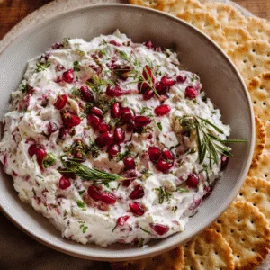 Cranberry whipped feta dip in a white bowl with garnish