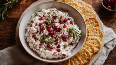 Cranberry whipped feta dip in a white bowl with garnish