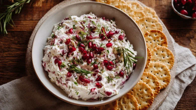Cranberry whipped feta dip in a white bowl with garnish