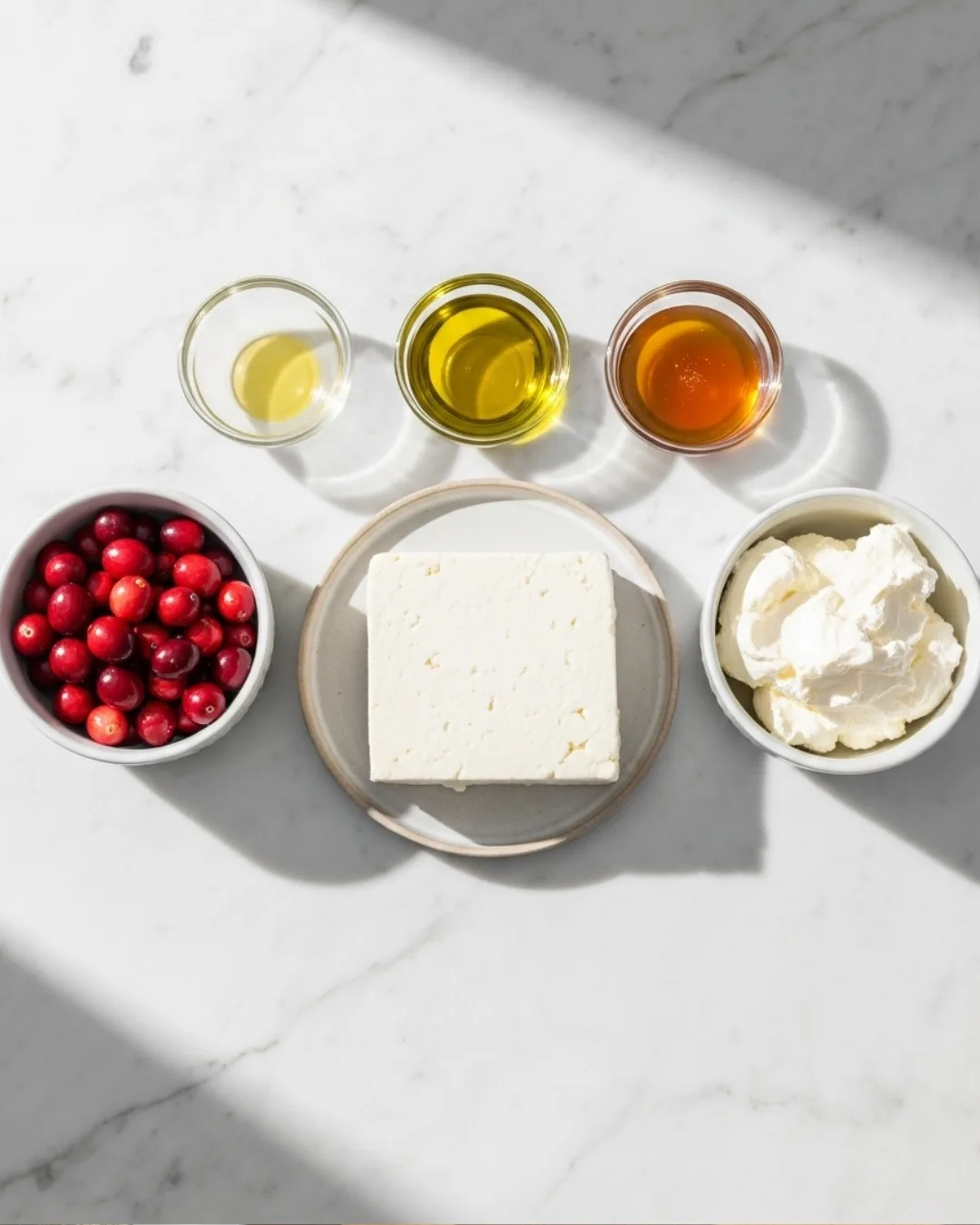 Ingredients for cranberry whipped feta dip on a marble board