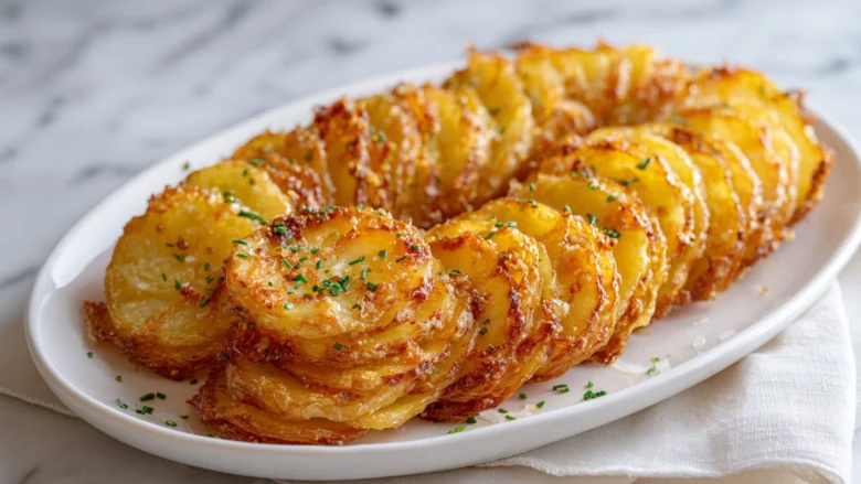 crispy garlic domino potatoes on modern white plate marble background