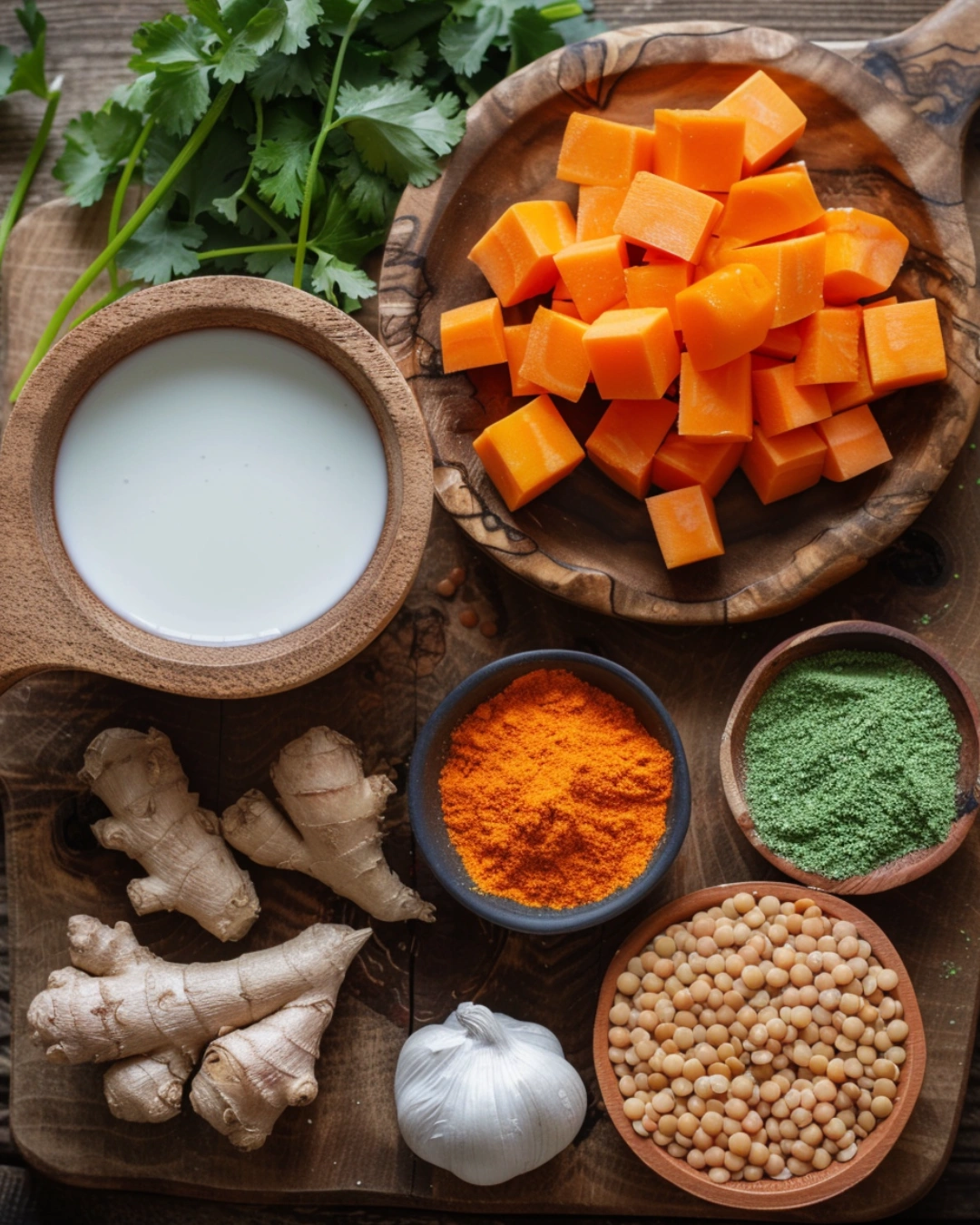 ingredients for sweet potato and red lentil curry