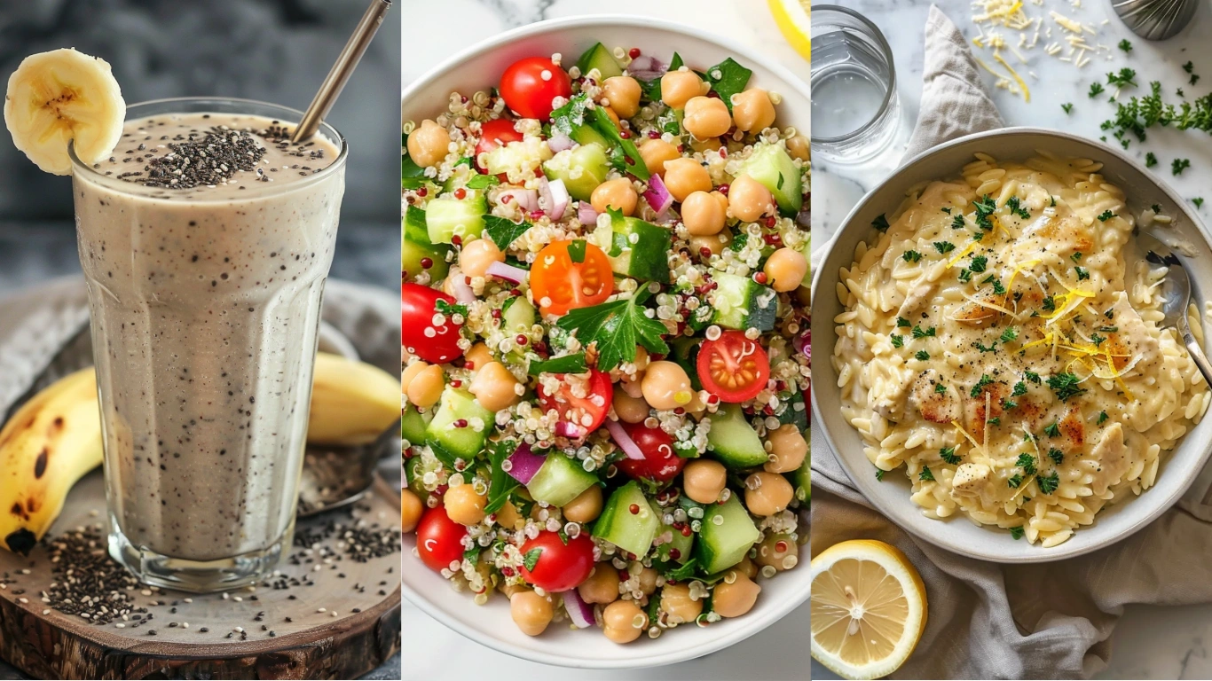 Overhead image showing Day 1 clean eating meals: healthy breakfast oats, fresh salad lunch, and chicken veggie dinner on a modern white table.