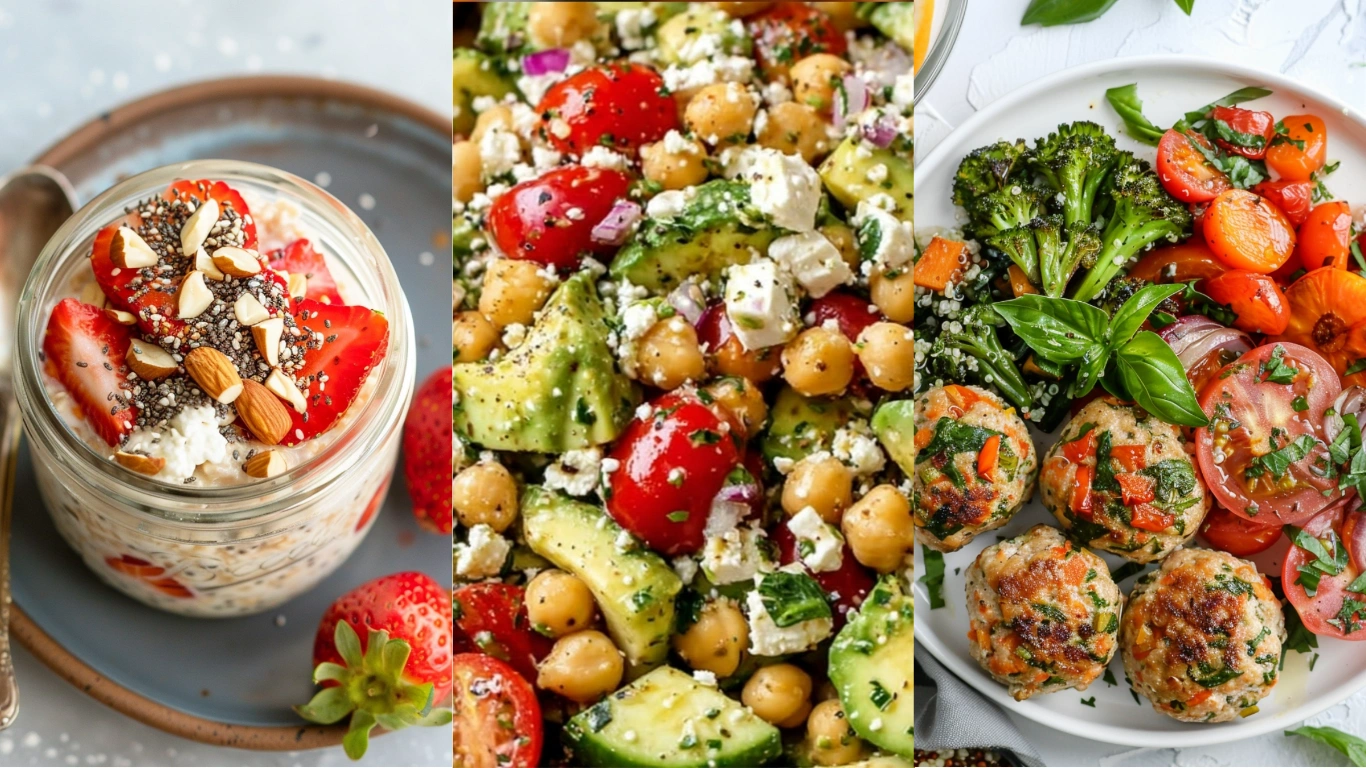Day 2 meal plan photography with breakfast smoothie bowl, colorful quinoa salad, and roasted chicken dinner on white marble kitchen counter.