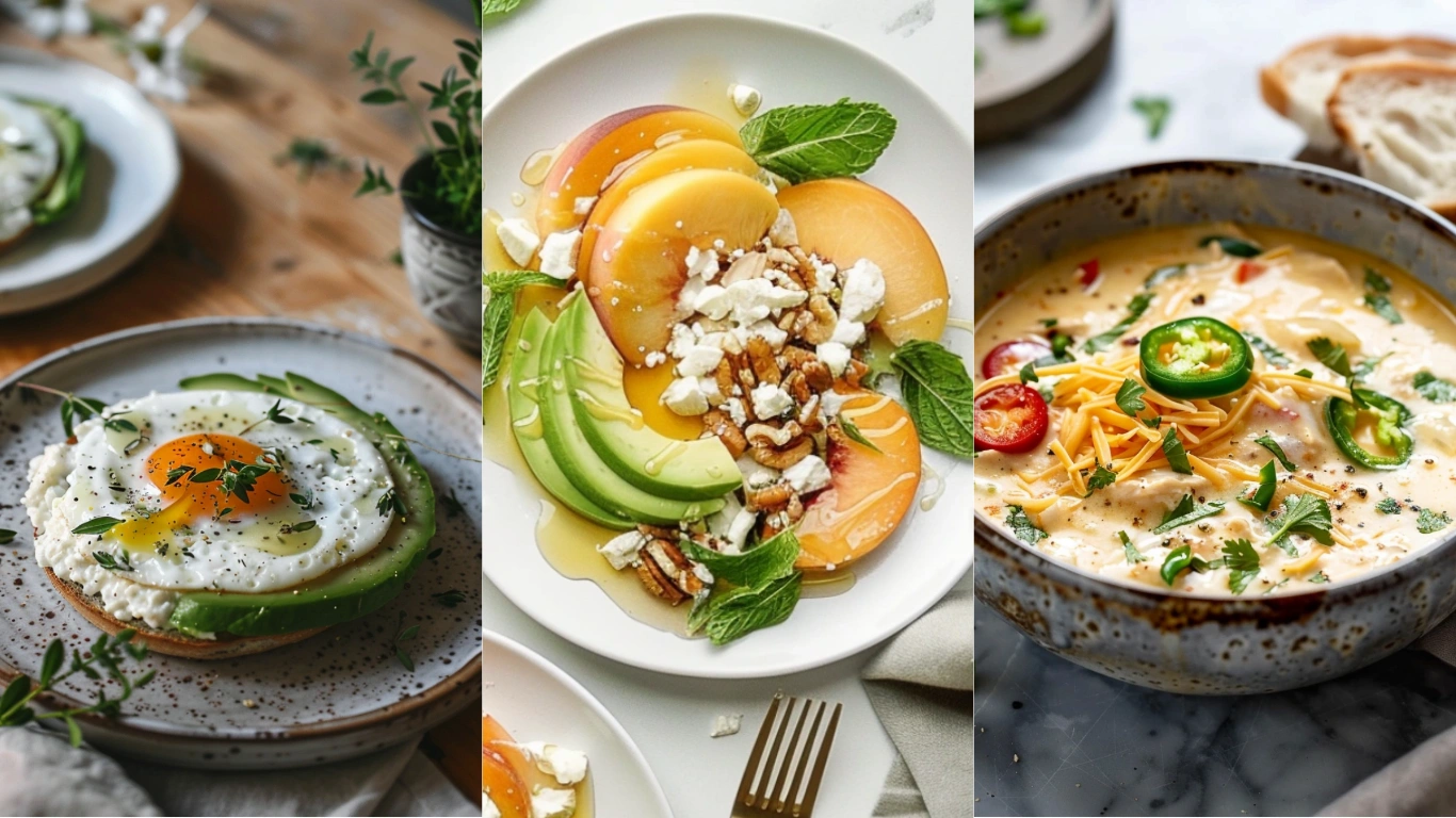Overhead shot of Day 3 meals including protein breakfast, fresh salad lunch, and comforting cozy dinner in a modern home kitchen.