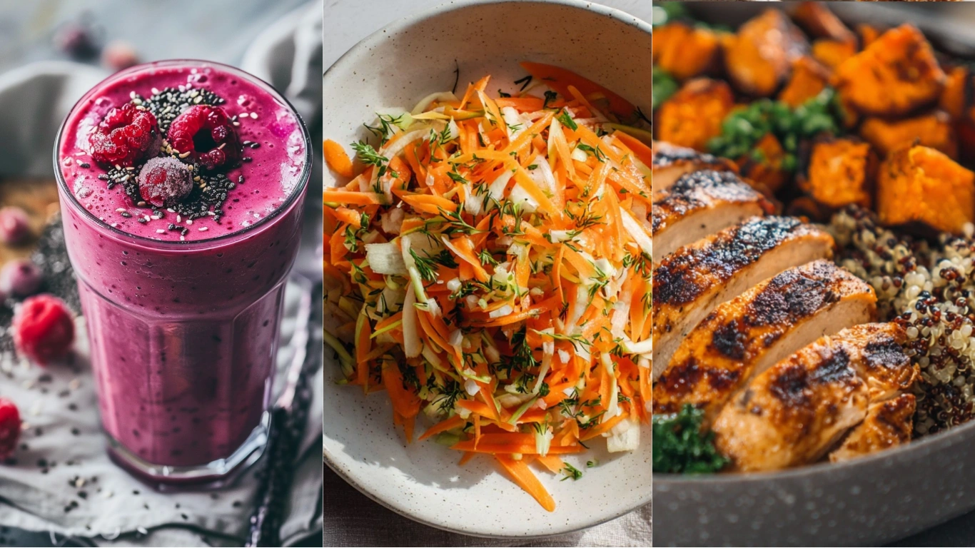 Beautiful flat lay of healthy breakfast, lunch salad, and roasted dinner plate photographed in bright modern kitchen light.