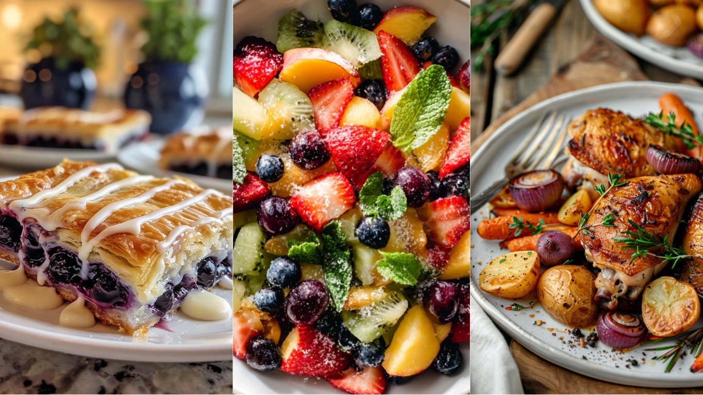 High-protein breakfast bar, colorful fruit salad lunch, and sheet-pan chicken dinner styled on marble with soft daylight.