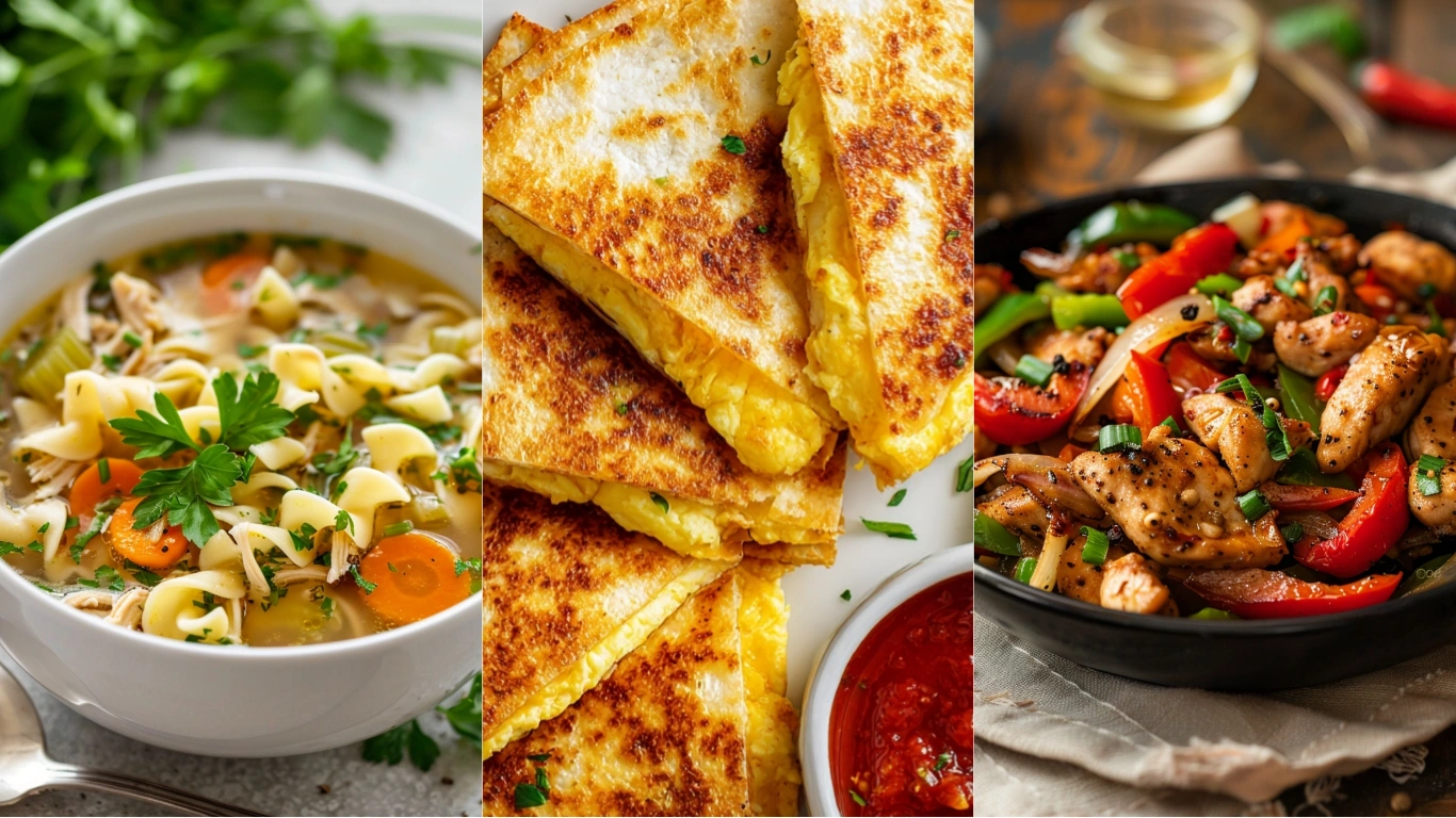 Close-up view of Day 7 meals: breakfast quesadillas, cozy soup lunch, and black pepper chicken dinner on a modern white table.