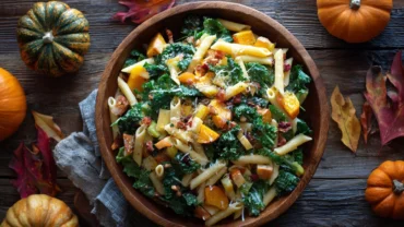 Fall Harvest Pasta Salad with roasted squash and maple Dijon dressing