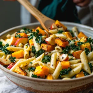 Tossing Fall Harvest Pasta Salad in a modern ceramic bowl with maple-Dijon dressing
