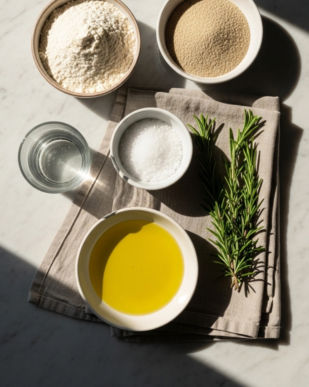 Focaccia Bread Recipe ingredients, flour, olive oil, rosemary