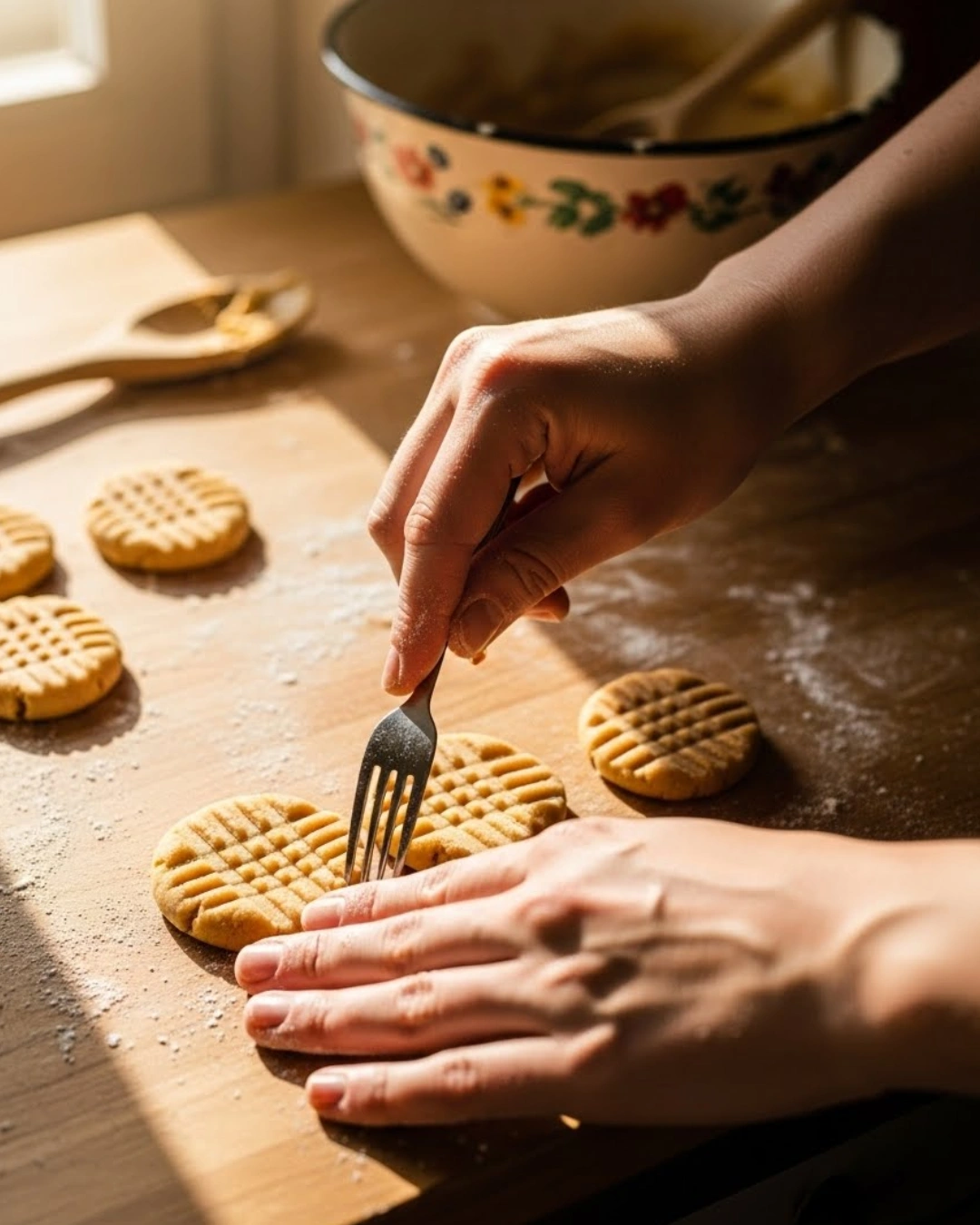 making fork pattern on peanut butter cookies