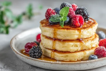 Gluten free cottage cheese pancakes on white plate