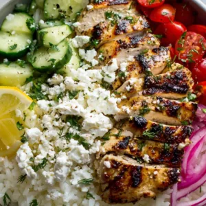 greek chicken rice bowls with cucumber salad