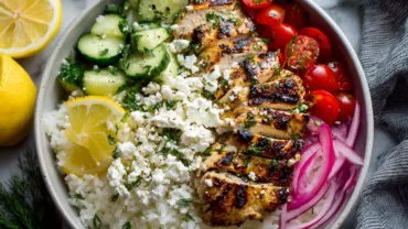 greek chicken rice bowls with cucumber salad