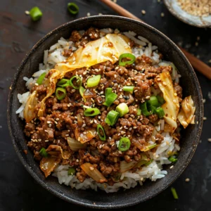 Ground beef and cabbage stir-fry served over rice with scallions