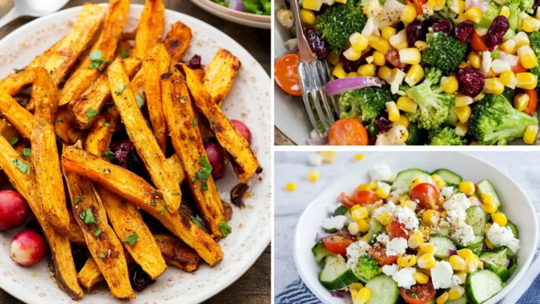 Collage of three healthy holiday side dishes: roasted sweet potato fries with herbs, a broccoli salad with corn, tomatoes and cranberries, and a cucumber feta salad with cherry tomatoes and corn — bright, colorful, and fresh.