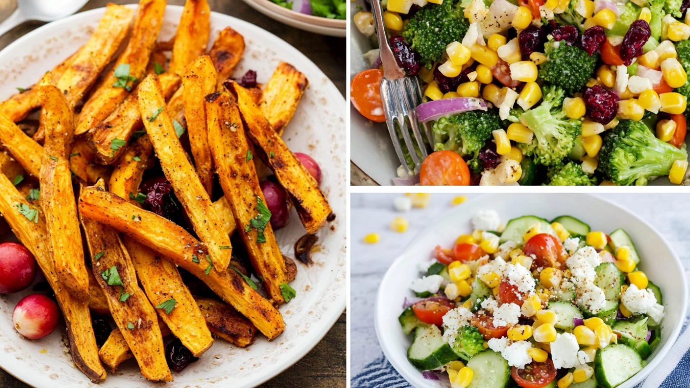 Collage of three healthy holiday side dishes: roasted sweet potato fries with herbs, a broccoli salad with corn, tomatoes and cranberries, and a cucumber feta salad with cherry tomatoes and corn — bright, colorful, and fresh.