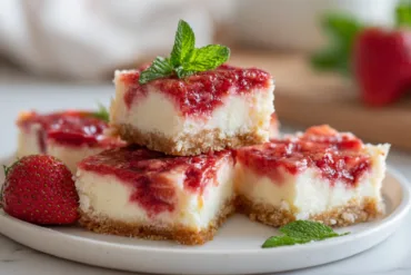 Keto strawberry cheesecake bars on plate
