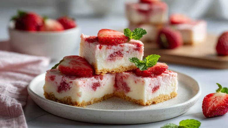 Keto strawberry cheesecake bars on plate