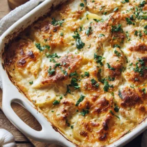 Lighter Creamy Chicken & Potato Bake fresh from the oven