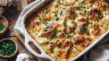 Lighter Creamy Chicken & Potato Bake fresh from the oven