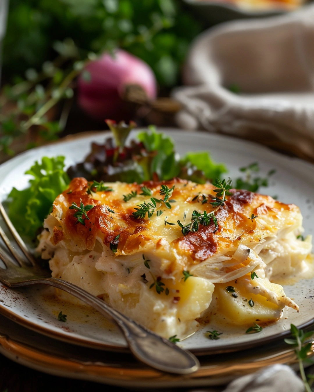 Serving of Lighter Creamy Chicken & Potato Bake with herbs