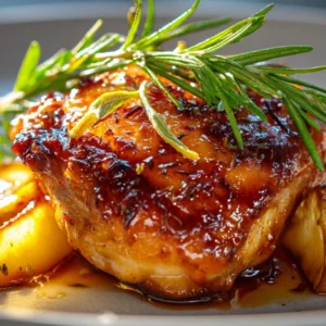 Modern plated rosemary apple cider chicken with caramelized apples and glaze