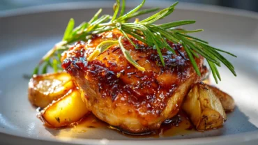 Modern plated rosemary apple cider chicken with caramelized apples and glaze