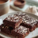 Stack of No-Bake Cookie Bars with Oats & Cocoa on a wooden table