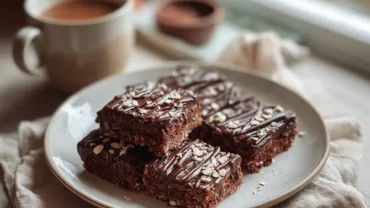 Stack of No-Bake Cookie Bars with Oats & Cocoa on a wooden table