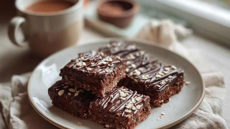 Stack of No-Bake Cookie Bars with Oats & Cocoa on a wooden table