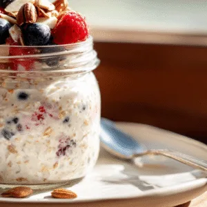 Overnight oats with blended cottage cheese in jar