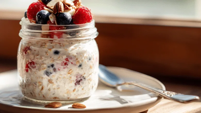 Overnight oats with blended cottage cheese in jar