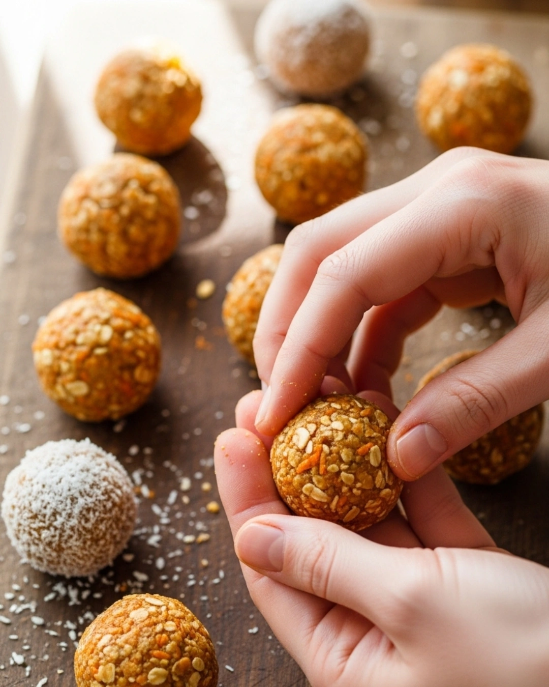 Rolling no-bake carrot energy bites by hand