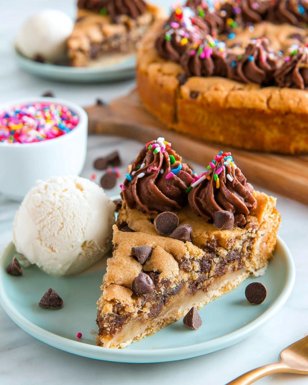 serving American cookie cake with ice cream