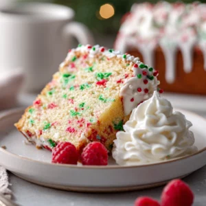 Slice of Christmas Bread No-Bake served with coffee and festive sprinkles