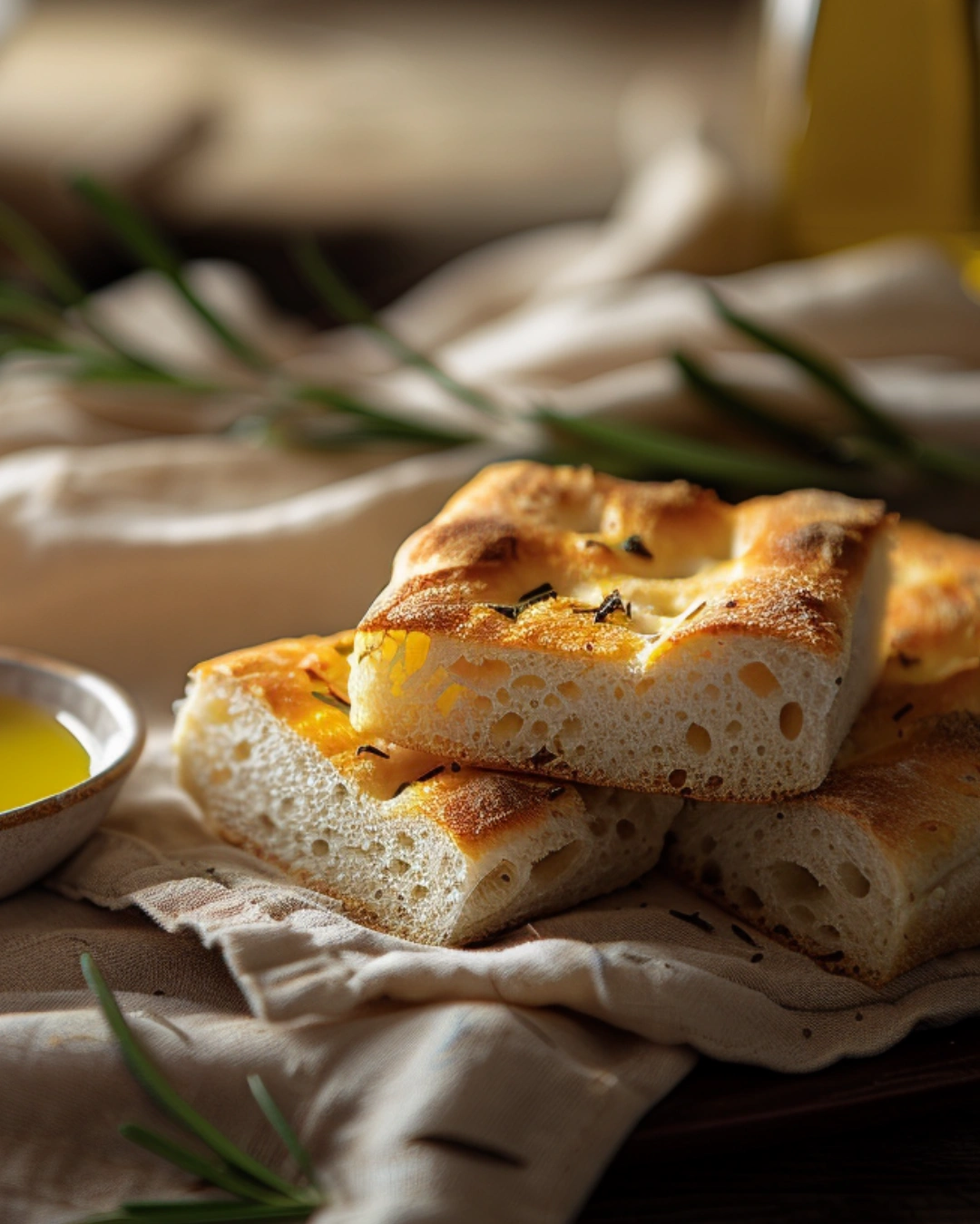 Sliced Focaccia Bread Recipe with olive oil drizzle