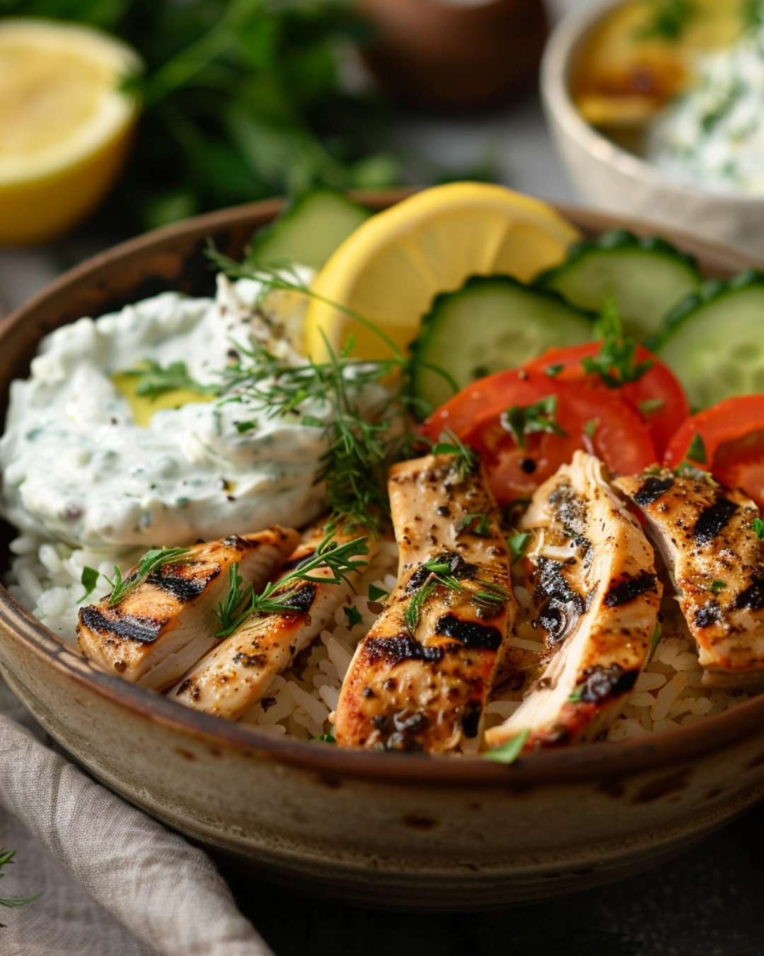 serving greek chicken rice bowls with cucumber salad