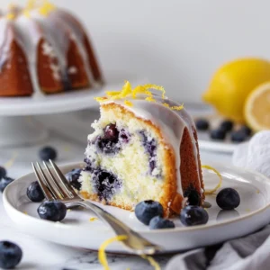 Slice of Lemon Blueberry Bundt Cake served with fresh blueberries