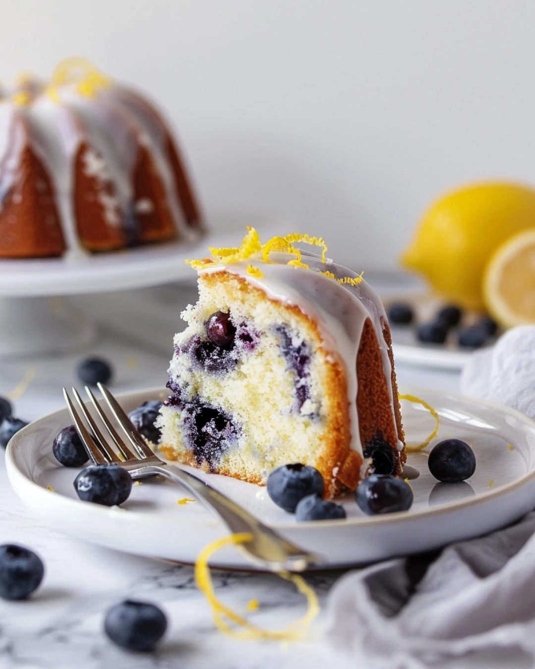 Slice of Lemon Blueberry Bundt Cake served with fresh blueberries