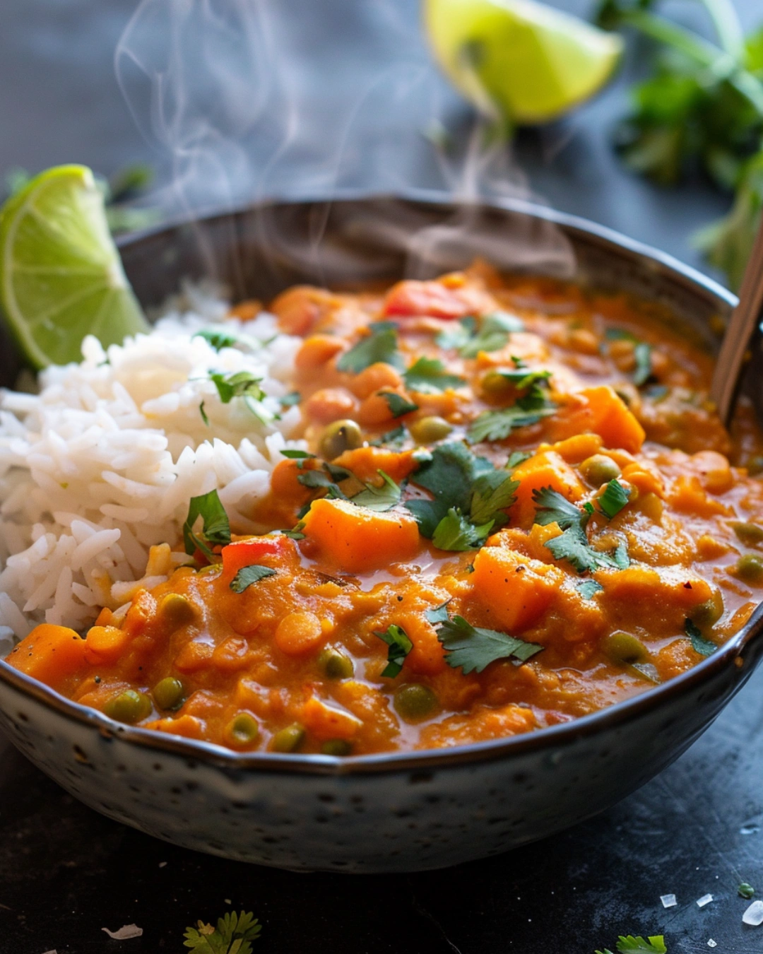 serving sweet potato and red lentil curry with coconut milk