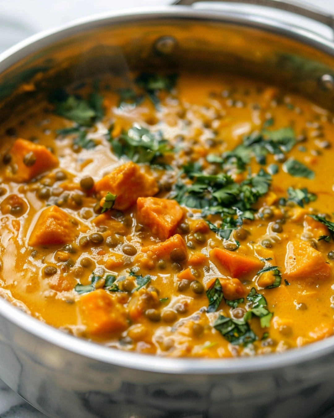 simmering sweet potato and red lentil curry