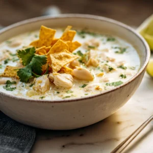 sour cream white chicken chili in rustic bowl with cilantro and lime