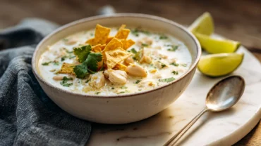 sour cream white chicken chili in rustic bowl with cilantro and lime