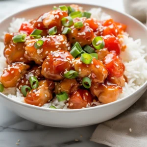Sweet and sour chicken served with rice
