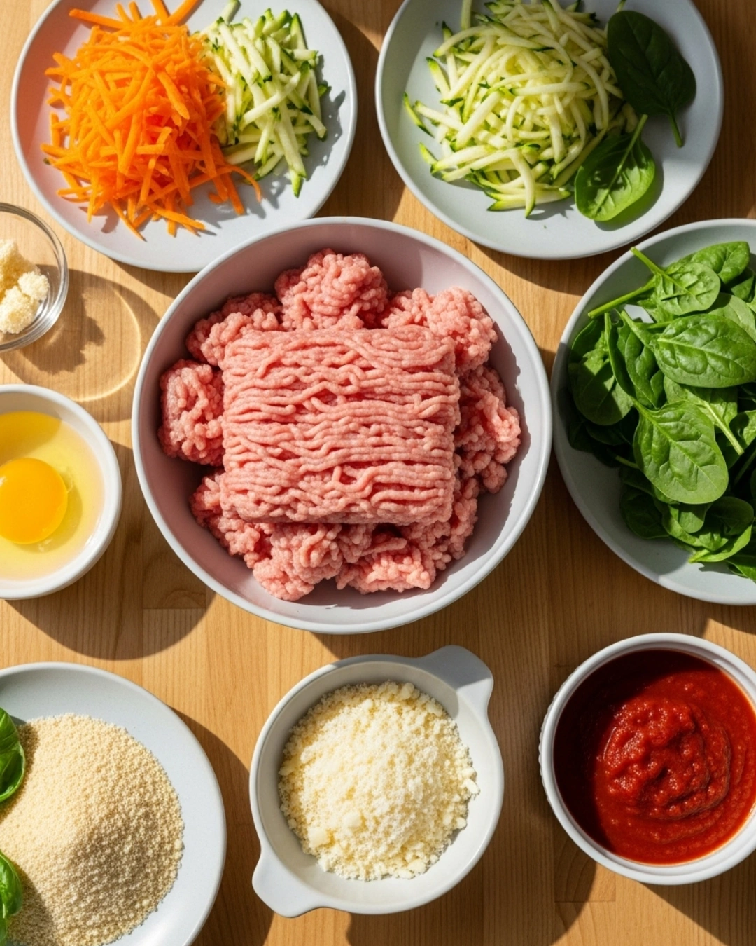 Ingredients for Turkey Meatball Bake with Hidden Veggies overhead photo