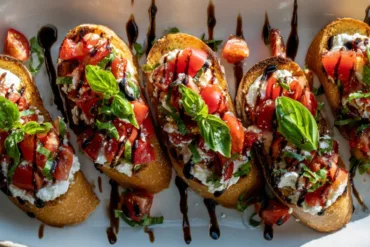 Italian Tomato Bruschetta recipe on wooden board