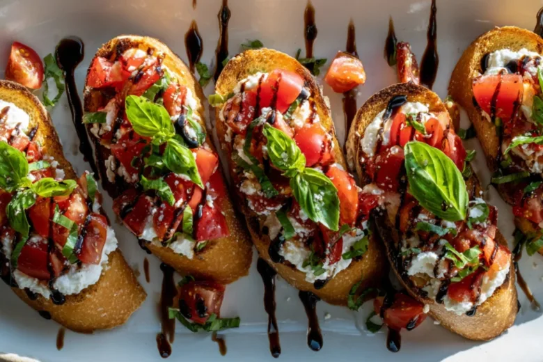 Italian Tomato Bruschetta recipe on wooden board